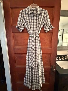 Calvin Klein Black & White Plaid Maxi Shirt Dress